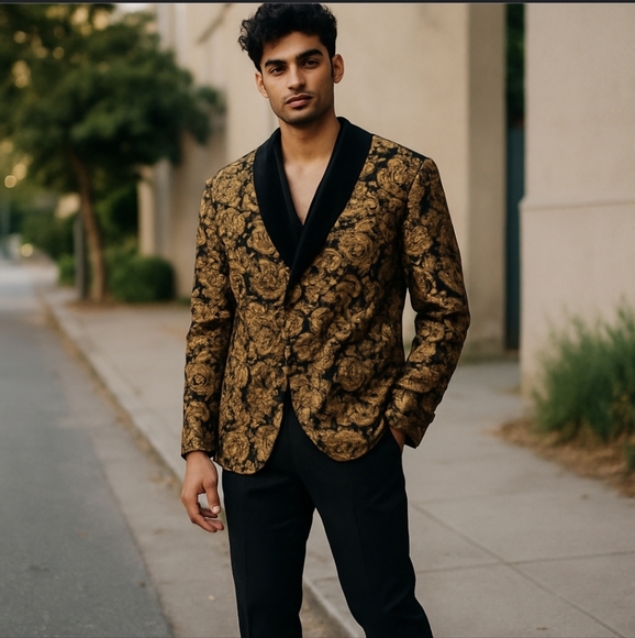 Black Velvet Gold Floral Sequins Modern Harry Styles Inspo Tuxedo Jacket Sz XL - Picture 12 of 12